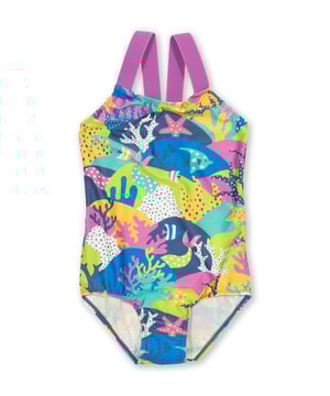 86% recycled polyester 14% elastane | Made from OEKO-TEX approved fabric | Coral reef all-over print | Violet elasticated straps | UPF 50+ protection | Garment provides UVA and UVB protection from the sun's harmful rays | Made in China | Style number 42-T125-AGW