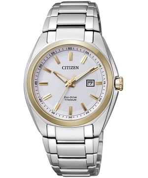This Citizen  Analogue Watch for Women is the perfect timepiece to wear or to gift. It's Silver 33 mm Round case combined with the comfortable Silver Titanium watch band will ensure you enjoy this stunning timepiece without any compromise. Operated by a high quality Eco-Drive movement and water resistant to 10 bars, your watch will keep ticking. This High quality simple watch will go great with any outfit, for any occasion,  This watch has an Eco-drive technology (Recharged by any light source; no need for ever a battery) -The watch has a Calendar function: Date, Solar Powered, Luminous Hands High quality 19 cm length and 17 mm width Silver Titanium strap with a Fold over with push button clasp Case diameter: 33 mm,case thickness: 9 mm, case colour: Silver and dial colour: White
