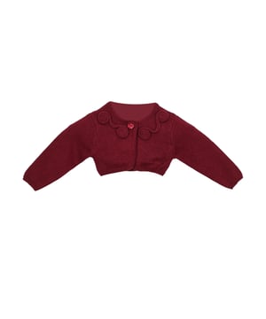 Tricot knit jacket.
 Closed round neck.
 Button closure on the front.
 Embroidered relief details.
 Brand name embroidered on the lower front side.
 Composition: 75% Cotton, 20% Polyamide, 5% Wool
 Care:
Wash maximum at 30ºC.
 -Do not iron.
 - It is not allowed to use a dryer.
 - Do not use bleach.
 - Does not support dry cleaning.