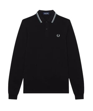 Polo Fred Perry negro, estampado en el cuello, cierre de botones en el cuello. 100% Algodón, Manga Larga, Polo Negro