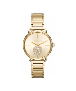 MK3639 Michael Kors Dames Portia collectie is een mooi en aantrekkelijk dameshorloge. EAN 0796483317062. De kast is gemaakt van goudkleurige plaat met de secondewijzer op de onderste 6-uurspositie versierd met steentjes en gecomplimenteerd met een goudkleurige wijzerplaat.