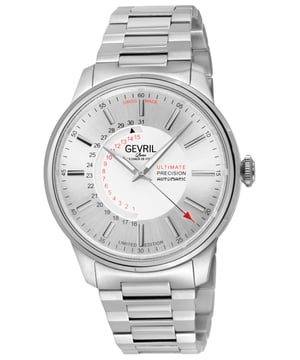 Reloj automático suizo para hombres Gevril 49205B de la colección Guggenheim  
Reloj automático suizo para hombres Gevril de la colección Guggenheim  
Caja de acero inoxidable 316L pulido de 40 mm, esfera plateada, índices plateados con fecha  
Fondo de caja atornillado tipo exhibición con cristal de zafiro  
Corona atornillada, manecillas y marcadores luminosos  
Edición limitada  
Pulsera de acero inoxidable 316L cepillado y pulido con hebilla de despliegue  
Cristal de zafiro anti-reflectante  
Resistente al agua hasta 50 metros/5ATM  
Rueda de fecha personalizada Sellita SW220  