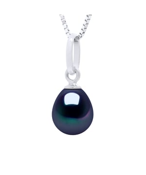 Beaded Pendant Articulated in White Gold 375 and Real Cultured Freshwater Pearl Pear 6-7 mm - COLOR BLACK "TAHITI SYLE" - Delivered with Certificate of Authenticity and International Guarantee - MADE IN FRANCE * This Pendant in V shape will be delivered to you in box with a Silver 925 chain offered for free