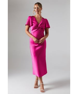 Satin Twist Front Angel Sleeve Midi Bridesmaids Dress