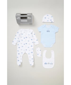 Surprise new parents with the printed 5-Piece baby gift Set from Rock A Bye Baby Boutique. This thoughtful bundle includes a cosy matching all-in-one, bodysuit, bib, hat, and mitts for essential wardrobe pieces. Crafted from 100% cotton, each item ensures their baby stays stylish and snug, perfect for everyday wear or special occasions. Packaged elegantly in a mesh bag.
