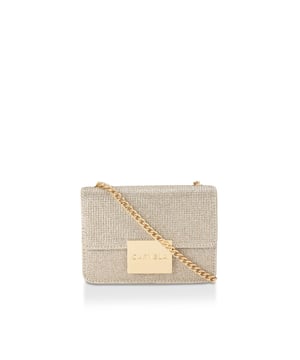 The Carvela Mini Bee Cross Body arrives in gold glitter fabric embellished with crystals. The front flap is fastened with a gold branded plate. 12cm (H), 17cm (W), 6cm (D). Strap drop cross body: 113cm.