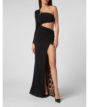 Schmeicheln Sie Ihrer Figur mit diesem originellen langen One-Shoulder-Kleid mit... Siehe alle Details.   Drapierender Stretch-Polyester-Jersey   Asymmetrischer Ausschnitt auf der linken Seite   Eine Schmuckbrosche sorgt für eine weiche Drapierung auf der rechten Seite des Dekolletés   Tiefer Seitenschlitz   Unsichtbarer Reißverschluss an der Seite   Geflecktes Futter