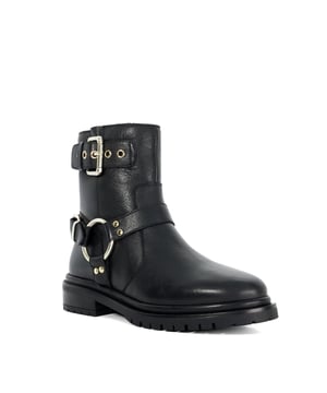 Unleash your inner biker with Panos, a style you'll wear on repeat. Crafted with eye-catching metal hardware and a distinctive o-ring embellishment, these chunky boots feature a convenient side-zip fastening and durable cleated sole for superior grip.