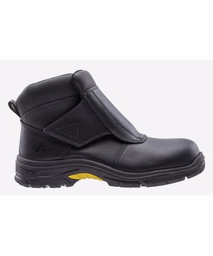 Robuste S3 HRO SRC Schweißschutzstiefel mit einer stoßfesten Zehenkappe aus Verbundwerkstoff (Glasfaser) mit 200 Joule und metallfreier durchdringungsresistenter Zwischensohle. Gefertigt aus flammhemmendem Leder, mit schnellverschluss überlappender Schutzklappe und hitzebeständiger, gummierter Zweikomponentensohle.
- Robuster und robuster Schweißschutzstiefel mit gepolstertem Kragen - Wasser- und feuerbeständiges Obermaterial aus Vollnarbenleder - Flammresistente Nähte - 100% metallfrei - Schneller Klettverschluss-Schutzüberlappung - Rutschfeste, nicht verstopfende DDR-Sohle - Sohle hitzebeständig bis 300 Grad - Ölresistente Sohle - Antistatisch - Energieabsorbierende Ferse