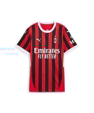 PRODUCT STORY: Where Red meets Black, football meets family. Introducing the 24/25 AC Milan Home Kit. With graphics inspired by the human genome, the latest evolution of the iconic Rossonero stripes celebrates how the love for AC Milan has been passed on through generations, from Milan to the world, since 1899 and forever. DNA says ACM. Welcome to the family. FEATURES & BENEFITS: dryCELL: Performance technology designed to wick moisture from the body and keep you free of sweat during exercise; As part of the RE:FIBRE program, this garment is made of at least 95% recycled material from textile waste and other used materials. DETAILS: Regular fit; 170 gsm, Jacquard; Crew neck; Short sleeves; Official team branding.  Our model is 174 cm tall and is wearing size S UK.