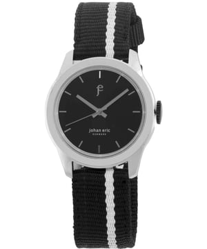 Johan eric; næstved, mens, black dial watch, black canvas strap w white stripe