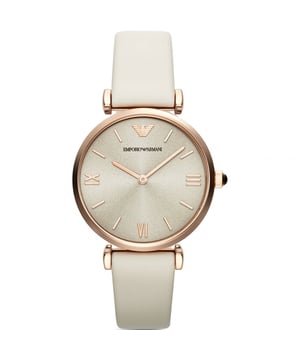 Armani-Armbanduhr für Damen mit weißem Lederarmband, 32 x 8 mm großes Edelstahlgehäuse in Roségold. Massiver Gehäuseboden. Push-Pull-Krone.