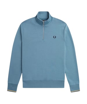 Sudadera Fred Perry Azul, 79% Algodón, 21% Poliéster, Extremos de cintura y mangas, Cierre de media cremallera, Logo en el pecho, Mangas con ribetes gemelos. Sudadera Azul Ceniza, Sudadera Azul