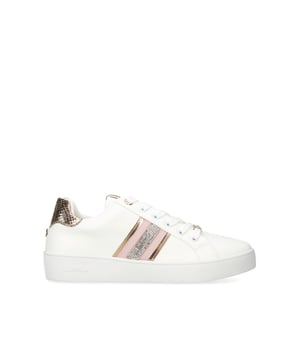 The Carvela Rapid trainer features a grey upper with pink crystal stripe detail as well as tab on the tongue. The heel has a rose snake embossed pale embellished with gold tone Icon C stud.
