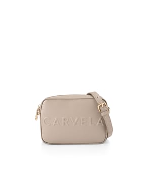 The Carvela Mini Frame Cross Body bag features a taupe textured exterior with embossed branding on the front. The bag is fastened with gone tone Icon C zipper. Dimensions: 12cm (H), 17cm (W), 6.5cm (D). Strap length: 126cm. Woven strap length: 119cm.