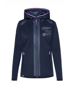Deze jas met capuchon van het merk SOCCX ziet er echt sportief uit met zijn coole mix van materialen voor dames. De voorkant en mouwen zijn gemaakt van interlock, terwijl de capuchon en achterkant gemaakt zijn van gewatteerde polyester tafzijde. Opvallend is de gestreepte rand op de capuchon met verstelbaar elastisch trekkoord. Een logoprint op de achterkant accentueert de capuchon. Rubberen tapes op de rits en ritszakken aan de voorkant versterken de maritieme look.