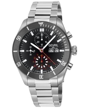 Reloj automático suizo Gevril 48624B Chronograph para hombres de la colección Yorkville
Caja redonda de cronógrafo de acero inoxidable satinado y pulido de 43 mm, bisel negro, esfera negra a gris
Fecha y día a las 3 en punto, fondo de caja transparente
Corona de rosca con logo de Gevril
Brazalete de acero inoxidable satinado IP/Gun Metal 316L con cierre desplegable
Cristal de zafiro antirreflectante
Resistente al agua hasta 200 metros/20 ATM
Movimiento automático suizo ETA 7750 fabricado en Suiza.