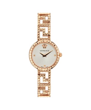 This Versace Greca Goddess Analogue Watch for Women is the perfect timepiece to wear or to gift. It's Rose Gold 28 mm Round case combined with the comfortable Rose Gold Stainless steel watch band will ensure you enjoy this stunning timepiece without any compromise. Operated by a high quality Quartz movement and water resistant to 5 bars, your watch will keep ticking. Description This elegant jewelry timepiece is characterized by a feminine 28mm case body enriched with 3d Medusa at 12 o’ clock. This Analogue watch has a Swiss Made Movement This high quality watch is an incredible eye-catching Women watch The Analogue watch has a Swiss Made movement Case diameter: 28 mm,case thickness: 7 mm, case colour: Rose Gold and dial colour: Silver