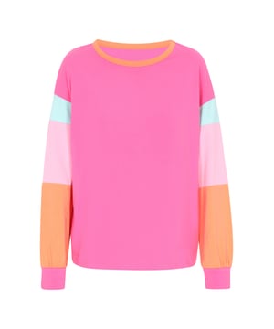 Refresh your everyday closet with this trendy sweatshirt from our Back To School Collection. Featuring a loose fit and round neckline, this knit sweatshirt has long sleeves with ribbed cuffs. The multicolor design includes stylish horizontal stripes on the sleeves, making it perfect for a chic but laid-back vibe.  Bluse