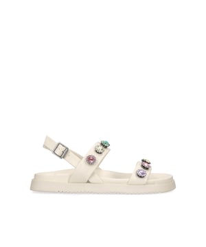 This Kurt Geiger Liviah Sandal features a bone upper with two straps across the foot. Each strap is embellished with pastel floral crystals. Sole height: 3cm.