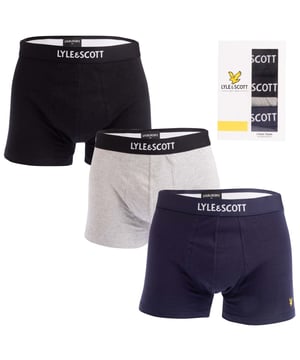 Mens Lyle And Scott Devon 3 Pack Boxer Shorts in black grey.- Branded elasticated waistband.- Soft and flexible fit.- 95% Cotton  5% Elastane.- XS = 27-29in- S = 30-32in- M = 33-35inWe regret that underwear is non-returnable due to hygiene reasons.  - Ref: DEVONLSM780