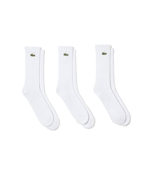 Lacoste 3 Pack Men's Crew Socks. Three pairs of ribbed athletic crew socks from Lacoste, perfect for everyday or sporty wear, complete with the iconic croc logo above the ankle.  Key Features-  - Crew Fit - Soft Cotton Blend - 3 Pack