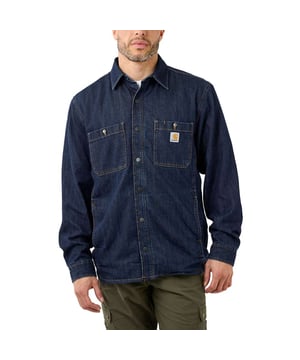 RELAXED FIT · 8.5 oz/yd² - 288 gsm · 100% Cotton · Midweight Denim · Inner Lining: 100% Polyester · Printed Fleece · Two-piece stand collar · Long Sleeve · Two chest pockets with button closure, left chest pocket with pencil opening · Two lower-front pockets · Snap front closure · Two-button adjustable cuffs with extended plackets · Drop tail hem
