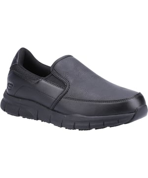 Genießen Sie jeden Tag einen komfortablen und sicheren Tag mit dem Skechers Work Relaxed Fit: Nampa - Annod SR Schuh. Glattes, lederähnliches Obermaterial aus synthetischem Material in einem sportlichen, lässigen Slip-On-Sneaker mit rutschfester Sohle, Nähakzenten und Memory Foam-Einlegesohle.