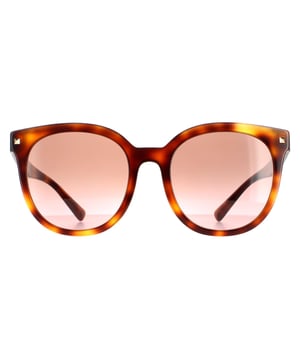 Valentino Round Dames Havana Violet tot bruine gradiënt VA4083 VA4083 zijn een glamoureus ronde ontwerp gemaakt van lichtgewicht acetaat. Het Valentino -logo is voorzien van de tempeltips voor merkherkenning. Studs op het voorframe maken de modieuze look compleet.