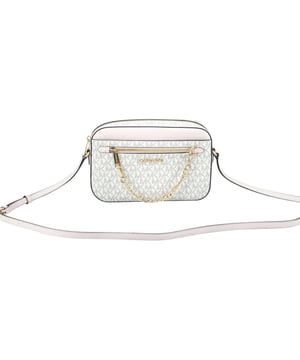 Style:&nbsp; Jet Set Item Large East West Zip Chain Crossbody (Vanilla Signature/Powder Blush)
Material:&nbsp;Signature PVC with Saffiano Leather Trim/Strap
Features:&nbsp;1 Outer Zip Pocket with&Acirc;&nbsp;Chain Zipper Accent, 2 Outer Slip Pockets, 2 Inner Slip Pockets, Adjustable Crossbody Strap
Measures:&nbsp;25.4cm W x 15.24cm H x 6.35cm D
&nbsp;