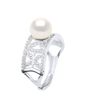 Ring Jewelry - Real Cultured Freshwater Pearl Round 8-9 mm - Jewelry Paving Cubic Zirconia Silver 925 Rhodium plated - COLOR NATURAL WHITE - Size adjustable from Size 48 to Size 62 - Delivered in box and with its Certificate of Authenticity and International Guarantee - MADE IN FRANCE
