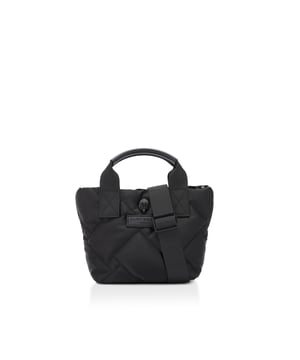 This Extra Small Nylon Shopper bag features a black exterior with overstitch quilting detail. 17cm (H), 16cm (L), 9cm (D). Strap length: 113cm. Black zip closure. Can fit phone up to 7inches.