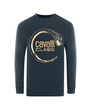 Sudadera Cavalli Class con logo de serpiente en perforación color azul marino. Sé la envidia de la multitud con este suéter con logo de impresión en color azul marino de Cavalli Class. Muestra tu amor por el estilo y la moda con el llamativo logo de la serpiente. Deja que te destaques con esta pieza de ropa elegante. Cuello, extremos de las mangas y cintura elastizados, sudadera azul marino de Cavalli Class. 60% algodón, 40% poliéster. Corte regular, se ajusta a la talla. Código de estilo: RXT65A CF062 04926.