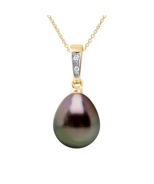 Anhänger Schmuck Diamanten 0,01 cts – Echte TAHITI-Zuchtperle Birne 9–10 mm – Gelbgold 375 – Dieser Anhänger in V-Form wird Ihnen in einer Box mit einer vergoldeten Kette geliefert, die kostenlos angeboten wird / Länge 42 cm – Lieferung mit Zertifikat Authentizität und internationale Garantie – HERGESTELLT IN FRANKREICH