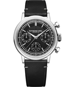 This Raymond Weil Millesime Chronograph Watch for Men is the perfect timepiece to wear or to gift. It's Silver 39.5 mm Round case combined with the comfortable Black Leather watch band will ensure you enjoy this stunning timepiece without any compromise. Operated by a high quality Automatic movement and water resistant to 5 bars, your watch will keep ticking. The millesime Tri-Compax Chronograph blends timeless design with modern elegance. Every detail of the millesime Tri-Compax Chronograph contributes to mechanical brilliance. This Chronograph watch has a function: a Swiss Made Movement , Stop Watch , Luminous Hands , High quality 21 cm length and 19 mm width Black Leather strap with a Buckle Case diameter: 39.5 mm,case thickness: 13 mm, case colour: Silver and dial colour: Black