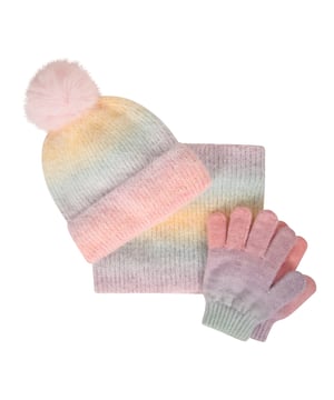 100% Polyester. Fabric: Knitted. Cuff: Ribbed. Pom Pom, Turned Up Cuff. Contents: 1 Beanie, 1 Gloves, 1 Snood. One Size Fits All. Design: Rainbow.