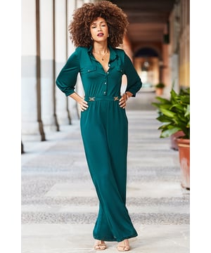 Make everyone green with envySlinky fabric drapes softly over your bodyCinched waist falls to flattering wide-legs Gold hardware and blouson sleeves up the luxe factor Style with ankle boots for the 9-5 Take it out-out with gold heels Inside leg to fit: Short 29" | Regular 31" | Long 33"