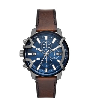 This Diesel Griffed Chronograph Watch for Men is the perfect timepiece to wear or to gift. It's Gun 42 mm Round case combined with the comfortable Brown Leather watch band will ensure you enjoy this stunning timepiece without any compromise. Operated by a high quality Quartz movement and water resistant to 5 bars, your watch will keep ticking. This Elegant and practical watch is perfect for all occasions. It’s a great gift for your relatives and friends -The watch has a calendar function:  Date , Stop Watch , 24-hour Display and Luminous Hands High quality 21 cm length and 20 mm width Brown Leather strap with a Buckle Case diameter: 42 mm,case thickness: 13 mm, case colour: Gun and dial colour: Blue