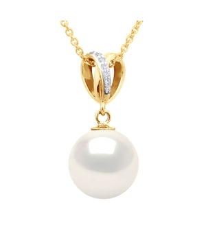 Anhänger DOPPELKNOTEN – Diamanten 0,03 ct (3 x 0,01 ct) – Gelbgold – echte Süßwasser-Zuchtperle rund 10–11 mm – Farbe Naturweiß – Lieferung mit Echtheitszertifikat und internationaler Garantie – HERGESTELLT IN FRANKREICH * Dieser Anhänger in V-Form wird Ihnen in einer Box mit einer kostenlos angebotenen vergoldeten Kette geliefert