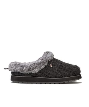 Womens Skechers Keepsakes Ice Angel Slippers in charcoal.<BR><BR>Slip on casual comfort clog slipper.<BR>- Soft cable rib knit upper.<BR>- Plush faux fur topped insole and collar trim.<BR>- Slip on design with lowered back for easy on-off.<BR>- Heel pull on tab.<BR>- Metal BOBS brand tab to side.<BR>- Memory Foam cushioned comfort insole.<BR>- Flexible rubber indoor - outdoor traction outsole.<BR>- 1in built in heel.<BR>- Textile upper and lining  Synthetic sole.<BR>- Ref: 31204-CCL