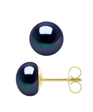 Ohrringe – Gelbgold 750 (18 Karat), Knopf aus echten Süßwasser-Zuchtperlen, 8–9 mm – FARBE SCHWARZ TAHITIAN STYLE – Schmetterlingsverschluss – Lieferung mit Echtheitszertifikat und internationaler Garantie – HERGESTELLT IN FRANKREICH *Ein Paar Schmetterlingsverschluss-SILIKON-Ohrringe werden mitgeliefert wird Ihnen bei diesem Kauf kostenlos angeboten