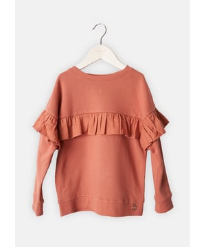 Putting an A&R twist on the humble sweatshirt. Pretty self colour woven frill on a soft canyon rose base. A wardrobe staple but by no means boring..  . About me: 60% Cotton 40% Polyester. Look after me: Think planet. wash at 30c.