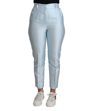 Marca: DOLCE & GABBANA  
Condición: Nuevo con etiquetas  
Estilo: Pantalón ajustado  
Ajuste: Regular  
Material: 100% Seda  
Color: Azul Claro  
Cierre: Cremallera  
Detalles: Detalles del logo  
Origen: Hecho en Italia  
Género: Mujeres  
Material: 100% Seda