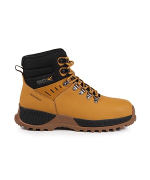 Boven: Nubuck. Binnenzool: Antistatisch, Schuim, Gerecycled. Tussenzool: Penetratiebestendig. 7 Ogen. Stoftechnologie: Ademend, Waterdicht. Gewatteerde kraag, gewatteerde tong, treklip, reflecterend detail, verzegelde naden. Platte Hak. Snit: Enkel. Ontwerp: Contrastdetail, logo, tekst. Teenstijl: samengestelde neus. Voldoet aan de veiligheidsnorm: EN20345:2011 S3. Sluiting: Vetersluiting.