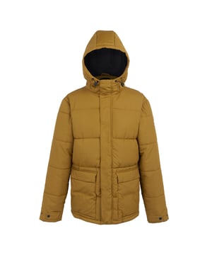 Outer Materials: 100% Polyester. Filling: Faux Down, Feather-Free, Heavyweight, Recycled. Fabric: Micro Taslan. Lining: Polyamide. Design: Badge, Quilted. Fabric Technology: DWR Finish, Insulating, Water Repellent. Neckline: Hooded, Standing Collar. Sleeve-Type: Long-Sleeved. Hood Features: Grown On Hood, Toggle Adjuster. Pockets: 2 Lower Pockets, Patch, Zip, 1 Internal Pocket. Fastening: Snap Closure, Stormflap, Zip. Hem: Adjustable, Shockcord Hem. Sustainability: Environmentally Friendly, Made from Recycled Materials. S: 38 in. M: 40 in. L: 42 in. XL: 44 in. XXL: 48 in. 3XL: 51 in.