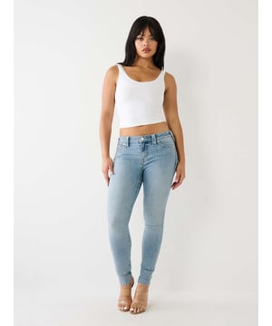 The Jennie is a skinny built for curves. This mid rise women's curvy skinny jean prevents gapping at the waistband and is specially designed to maximize shape retention tHIGH RISEoughout the day. Featuring subtle fading, clean hardware, and white stitching. Finished with 1/2" horseshoes along the back pockets.