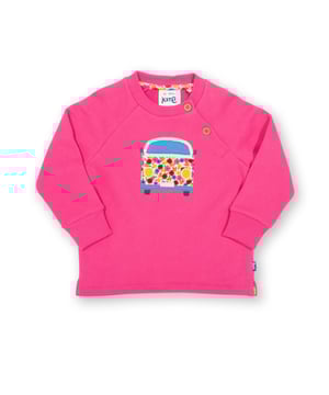Hooray for today! Kite's let's go sweatshirt is the perfect companion for time spent adventuring and exploring. Stylish and practical with a lovely camper van appliqué on super-soft carmine pink brush back sweat fabric. What are you waiting for? Let's go!