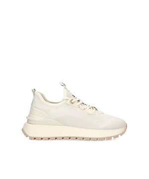 This KG Kurt Geiger Louisa Knit sneaker has a knitted fabric upper in white. There is gold tone branding across the upper. The tongue and heel also feature a contrast branded tab.