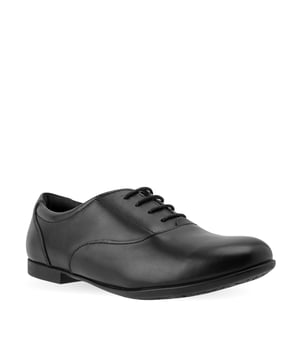 An elegant lace-up school shoe crafted in soft leather from our Angry Angels range. These classic school shoes in black leather will be popular with girls looking for a smart, contemporary style with added comfort features. The padded ankles keep busy school feet in peak comfort and the lace up fastening makes for a great fit while a lightweight, flexible sole allows for smooth movement.

Better suited for a slimmer foot and those without a high instep