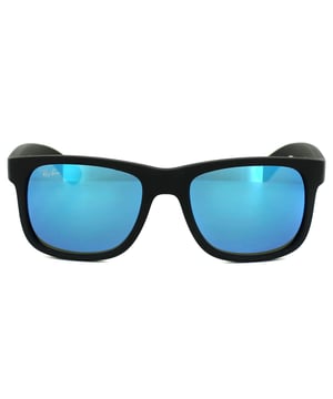 Ray-Ban Sunglasses Justin 4165 622/55 Rubber Black Blue Mirror are inspired by the Original Wayfarer 2140 and are one of the coolest designs throughout the entire Ray-Ban collection. Justin is a bold style that features large, boxy lenses that suit most face shapes and they share the same winged temples as the classic 2140. The propionate plastic frame is super lightweight for comfort and theyâ€™re available in bright, fresh colours as well as the traditional choices. The Ray-Ban Justin is part of the Highstreet collection and are therefore a more affordable choice.